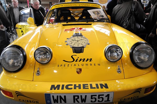 RETRO CLASSICS 2010, Stuttgart Messe, Front view of a yellow Porsche with trophy on the bonnet, Stuttgart Messe, Stuttgart, Baden-Wuerttemberg, Germany, Europe