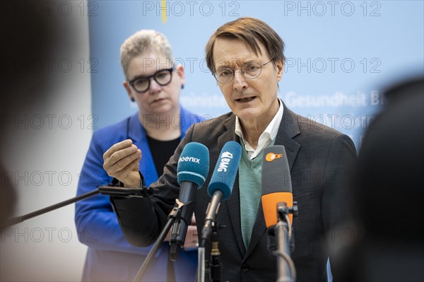 Karl Lauterbach (SPD), Federal Minister of Health, Christine Vogler (in the background), President of the German Nursing Council e.V., recorded during talks on the key points of the Nursing Competence Act, with nursing associations, at the Federal Ministry of Health in Berlin, 20 March 2024