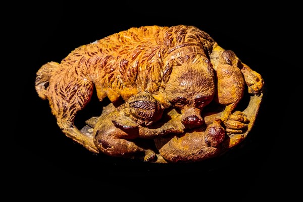 Amber-decorated objects, Cupid lying next to a dog, Archaeological Museum, Castello di Udine, seat of the State Museums, Udine, most important historical city of Friuli, Italy, Udine, Friuli, Italy, Europe