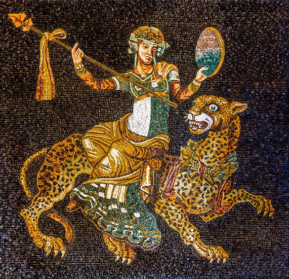 Dionysus on the panther, mosaic copy, Delos, Greece, 2nd century, mosaic school producing mosaic masters, Spilimbergo, city of mosaic art, Friuli, Italy, Spilimbergo, Friuli, Italy, Europe