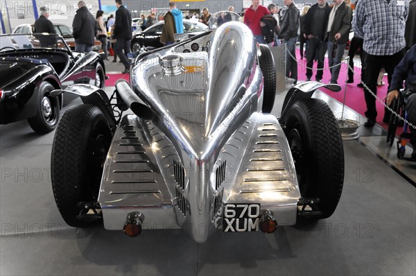 RETRO CLASSICS 2010, Stuttgart Messe, Stuttgart, Baden-Wuerttemberg, Germany, Europe, SIDDELEY 5500 Streamline, built in 1936 Rear view of a silver classic car with polished metal bodywork and chrome accents, Europe