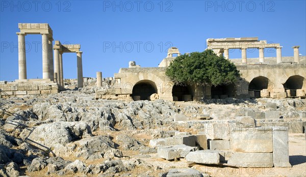 Acropolis temple and buildings, Lindos, Rhodes, Greece, Europe