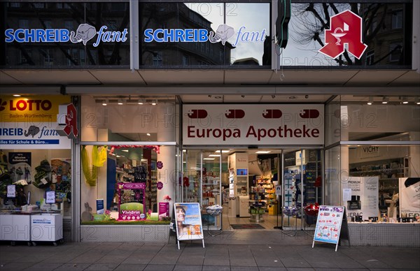 Exterior photo, Europa Apotheke, logo, Rotebuehlplatz, city centre, Stuttgart, Baden-Wuerttemberg, Germany, Europe