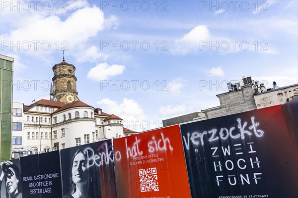 Benko has gambled away. Graffiti on a construction fence in Stuttgart city centre. Signa Real Estate was planning a commercial building for retail, catering and offices on the corner of Koenigstrasse and Schulstrasse. However, the insolvency of the department stores' chain Galeria Karstadt Kaufhof has left the future of the prime property open. Stuttgart, Baden-Wuerttemberg, Germany, Europe