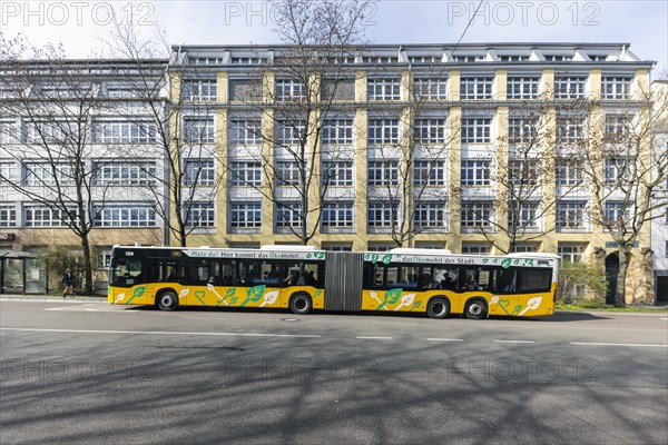 Bus stop for SSB AG buses, with advertisement Oekomobil, the buses run on synthetic fuel, Ostendstrasse Stuttgart, Baden-Wuerttemberg, Germany, Europe