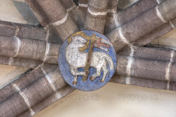 Lamb of God Agnus Dei, vault keystone in the Gothic vault, St Clare's Church, Koenigstrasse 66, Nuremberg, Middle Franconia, Bavaria, Germany, Europe