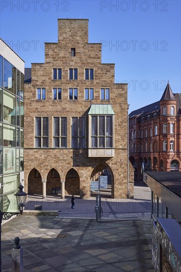 Old town hall and commercial building in the city centre of Minden, Muehlenkreis Minden-Luebbecke, North Rhine-Westphalia, Germany, Europe