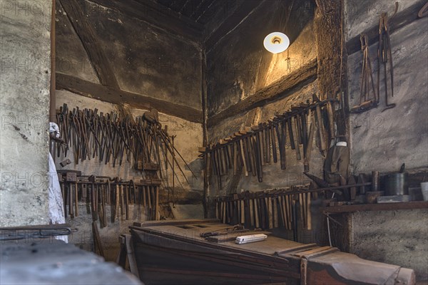 Tools in a village smithy from the 19th century, Open-Air Museum of Folklore Schwerin-Muess, Mecklenburg-Vorpommerm, Germany, Europe