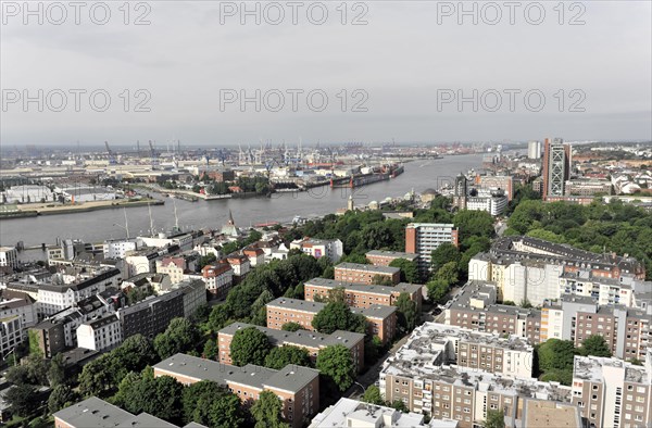 Panoramic view of a city on the water with harbour and ships, Hamburg, Hanseatic City of Hamburg, Germany, Europe