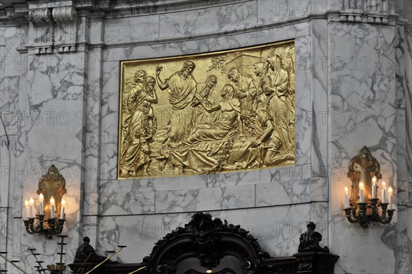Michaeliskirche, Michel, baroque church St. Michaelis, first start of construction 1647- 1750, detailed view of a golden relief with figures on marble, historical art, Hamburg, Hanseatic City of Hamburg, Germany, Europe