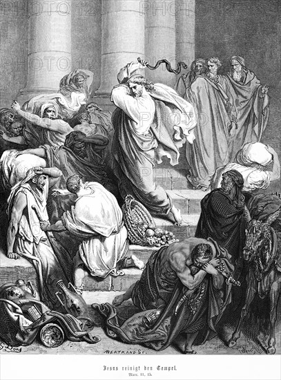 Jesus cleanses the temple, Gospel of Mark, chapter 11, beat, expel, merchant, moneychanger, temple, New Testament, Bible, historical illustration 1886