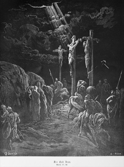 The death of Jesus, Gospel of Matthew, chapter 27, crucifixion of Jesus, inscription, Jesus, Nazarene, King of the Jews, death, mourning, rider, darkness, rays of light, Golgotha, New Testament, Bible, historical illustration 1886