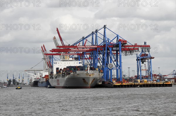 Container ship being escorted by tugboats at a harbour terminal with cranes, Hamburg, Hanseatic City of Hamburg, Germany, Europe
