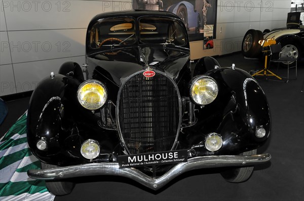 Bugatti classic car, RETRO CLASSICS 2010, Black classic car in a car exhibition with emphasised front view, Stuttgart Messe, Stuttgart, Baden-Wuerttemberg, Germany, Europe