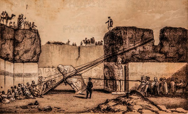 Nineveh and its ruins, download of the great winged bull, A. H. Layard, 1849, Archaeological Museum, Castello di Udine, seat of the State Museums, Udine, most important historical city of Friuli, Italy, Udine, Friuli, Italy, Europe