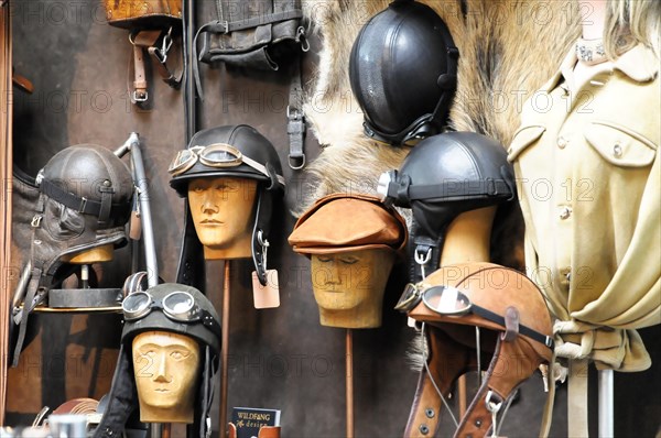 RETRO CLASSICS 2010, Stuttgart Messe, Stuttgart, Baden-Wuerttemberg, Germany, Europe, motorbike helmets, and aviator goggles on mannequin heads in vintage style, Europe