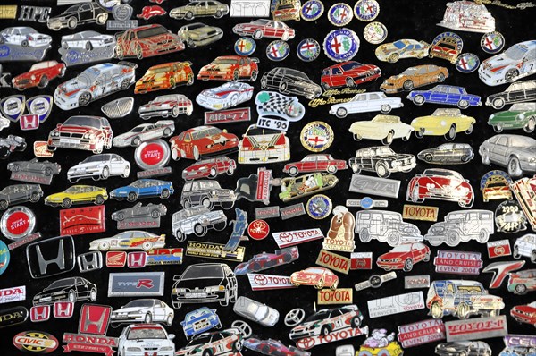 RETRO CLASSICS 2010, Stuttgart Messe, Colourful badges and advertising pins from various car manufacturers, Stuttgart Messe, Stuttgart, Baden-Wuerttemberg, Germany, Europe
