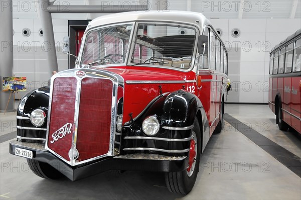 RETRO CLASSICS 2010, Stuttgart Trade Fair, side view of a red and black vintage bus of the brand 'FBW', FBW Ramseier Jenzer, AN 40 built in 1949, 130 HP, 96 KW, Stuttgart Trade Fair, Stuttgart, Baden-Wuerttemberg, Germany, Europe