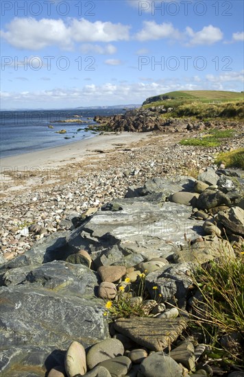 Rocks and sandy beach, Melby, near Sandness, Mainland, Shetland Islands, Scotland, United Kingdom, Europe