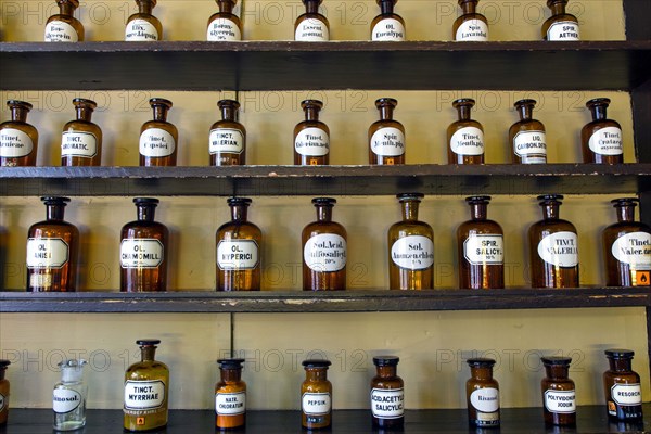Containers with ingredients for medicines stand on a shelf in the historic Berg-Apotheke pharmacy in Clausthal-Zellerfeld, which was built in 1674 and is one of the oldest pharmacy buildings in Germany, 09 November 2015