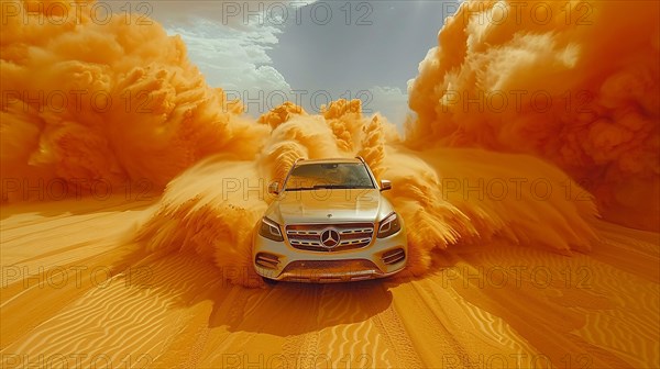 A luxury SUV in the midst of a massive yellow sand storm explosion in the desert, action sports photography, AI generated