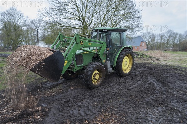 Tractor loading woodchippings on a farm, Othenstorf, Mecklenburg-Vorpommern, Germany, Europe