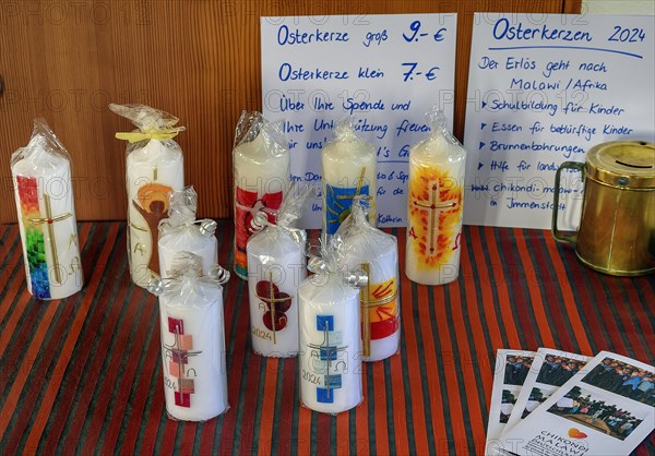 Sale of Easter candles, former monastery church Mater Salvatoris, Boerwang, Allgaeu, Swabia, Bavaria, Germany, Europe