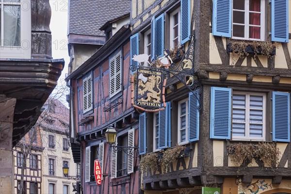 Pastel-coloured facades of historic half-timbered houses with white windows and blue-green shutters and the sign of a charcuterie in the old town of Colmar, Department Haut-Rhin, Grand Est, France, Europe