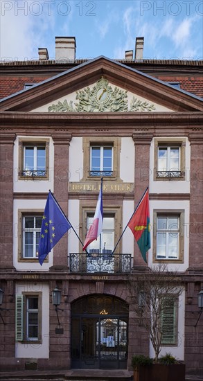 Flags and facade of the town hall in Colmar, Department Haut-Rhin, Grand Est, France, Europe