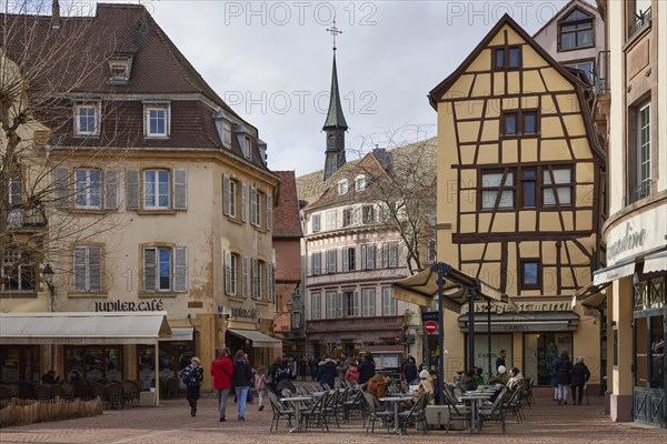 Old town with half-timbered houses and restaurants in the historic centre of Colmar, Haut-Rhin, Grand Est, France, Europe
