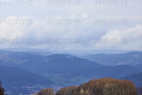 Distant view in the Black Forest over haze-covered, wooded hills as seen from Hofstetten, Ortenaukreis, Baden-Wuerttemberg, Germany, Europe