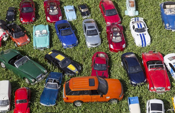 Model cars that look confusingly similar to the originals stand in a meadow at a flea market stall, 22/08/2015