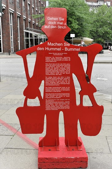 Hans Hummel information figure, at the start of a marked path through the historic centre of the Hanseatic City of Hamburg, red sculpture with engraved message, part of a public installation, Hamburg, Hanseatic City of Hamburg, Germany, Europe