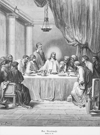 The Last Supper, Gospel of Matthew, chapter 26, Jesus, halo, twelve apostles, Passover, Jerusalem, ritrual, set table, oil lamp, New Testament, Bible, historical illustration 1886