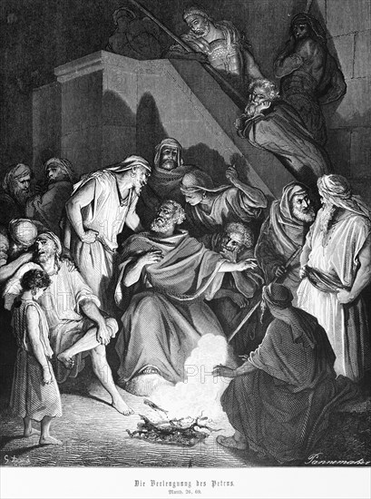 The Denial of Peter, Gospel of Matthew, chapter 26, courtyard, fire, talking, many men, New Testament, Bible, historical illustration 1886