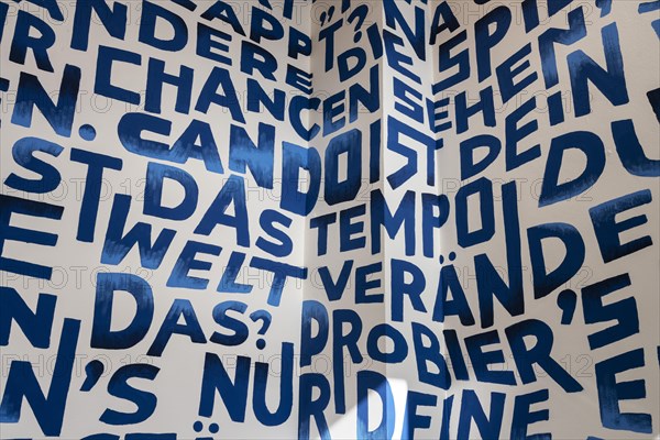 Decorative wall with letters and words, event space Basecamp, Mittelstrasse, Berlin, Germany, Europe