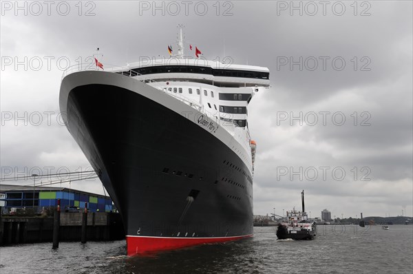The imposing front of the Queen Mary 2 cruise ship in the harbour, Hamburg, Hanseatic City of Hamburg, Germany, Europe