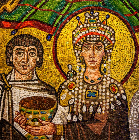 Parade of Teodora, mosaic copy, Basilica of San Vitale, Ravenna, 6th century, mosaic school producing mosaic masters, Spilimbergo, city of mosaic art, Friuli, Italy, Spilimbergo, Friuli, Italy, Europe