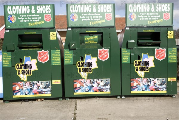 Clothing and shoes recycling collection containers, Martlesham, Ipswich, Suffolk, England, UK