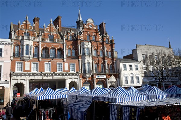 Lloyds bank building, Cornhill, Ipswich, Suffolk on market day, England, UK