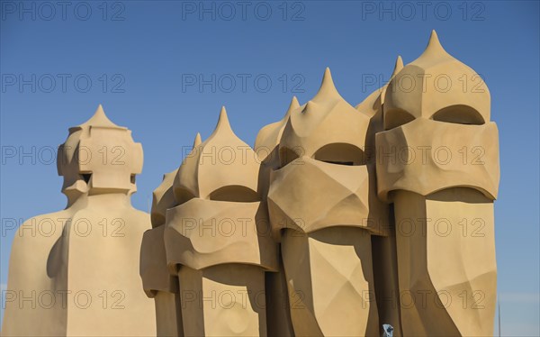 Roof with chimneys, La Pedrera, Casa Mila by Antoni Gaudi, Barcelona, Catalonia, Spain, Europe