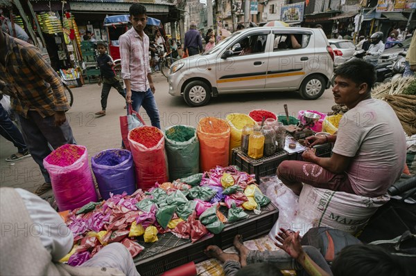 Vendor sells Holi celebration items in a street market, ahead of Holi festival on March 23, 2024 in Guwahati, Assam, India. Holi is the Hindu festival of colours, it is celebrated with great joy in India