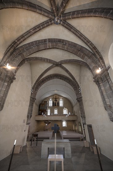 Interior with view to the west side with gallery and crucifixion group, St Clare's Church, Koenigstrasse 66, Nuremberg, Middle Franconia, Bavaria, Germany, Europe