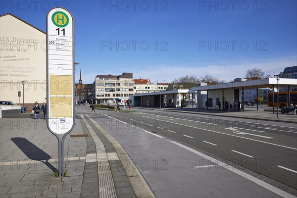 Minden bus station with bus platform 11 in Minden, Muehlenkreis Minden-Luebbecke, North Rhine-Westphalia, Germany, Europe