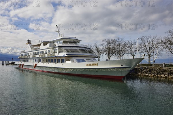 Passenger ship Lausanne moored in Lake Geneva on the quay wall of Ouchy harbour, Lausanne, Lausanne district, Vaud, Switzerland, Europe