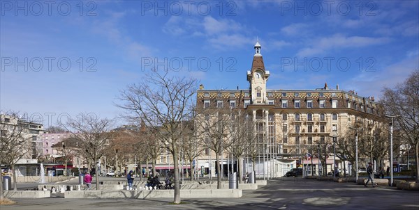 Magnificent facade and clock tower on Place de la Navigation in the Ouchy neighbourhood, Lausanne, district of Lausanne, Vaud, Switzerland, Europe