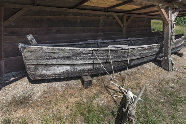 Plank boat with beam stern around 1850 under a remiese, Open Air Museum for Folklore Schwerin-Muess, Mecklenburg-Vorpommerm, Germany, Europe