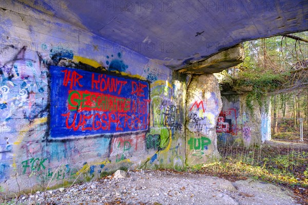 Colourfully painted ruins of a production bunker of the former explosives factory from the Third Reich, Geretsried, Upper Bavaria, Bavaria, Germany, Europe