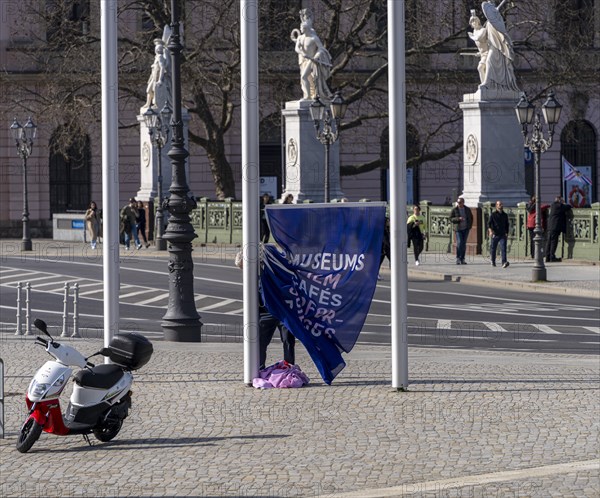 Flagpoles in front of the entrance to the Humboldt Forum, Berlin, Germany, Europe