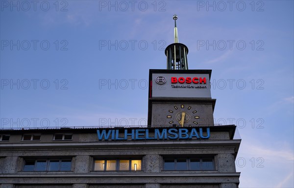 Wilhelmsbau, logo, lettering, Bosch, tower clock, blue hour, Stuttgart, Baden-Wuerttemberg, Germany, Europe